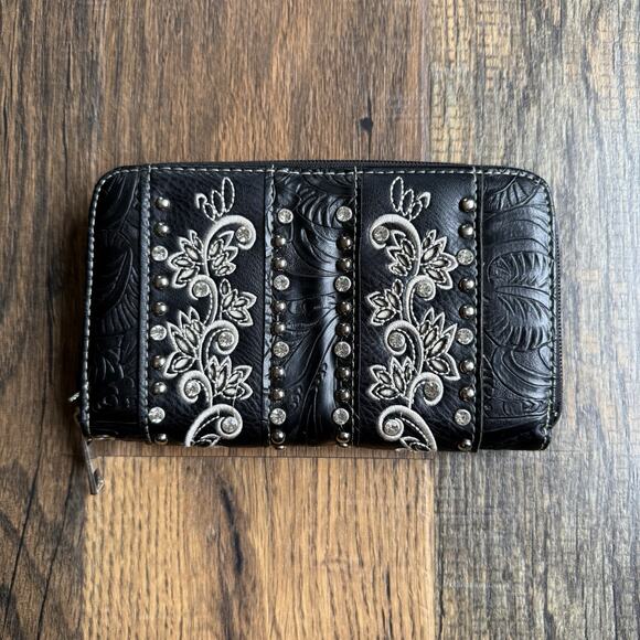 Western Tooled Black Wallet with Embroidered Floral & Stud Detail Zip Around - Picture 1 of 5